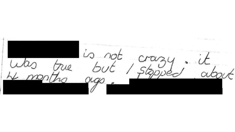 Part of a confession letter written by David Carrick in 1990. Pic: CPS/PA 