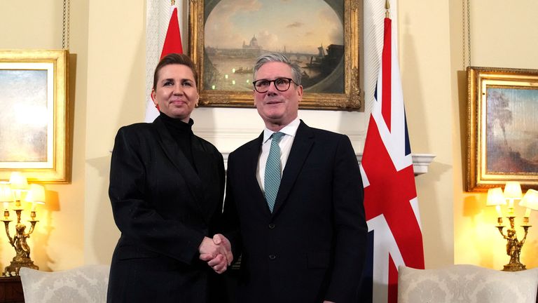 Danish Prime Minister Mette Frederiksen visits British Prime Minister Keir Starmer, in London in February, 2025. Pic: Reuters