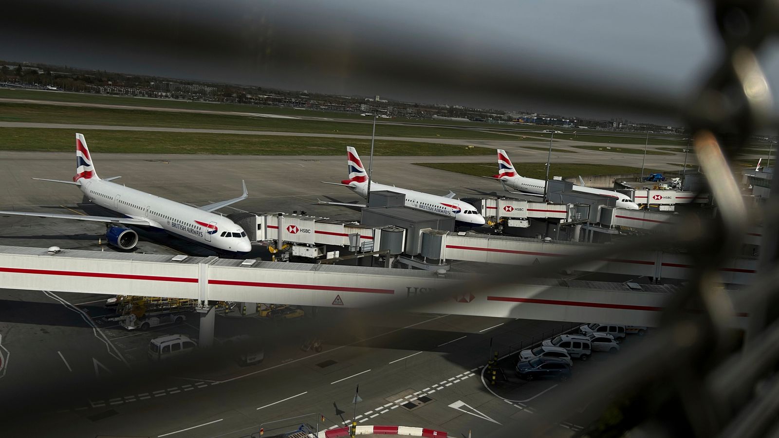 Planes parked at Terminal 5 at Heathrow Airport in London. Pic: AP