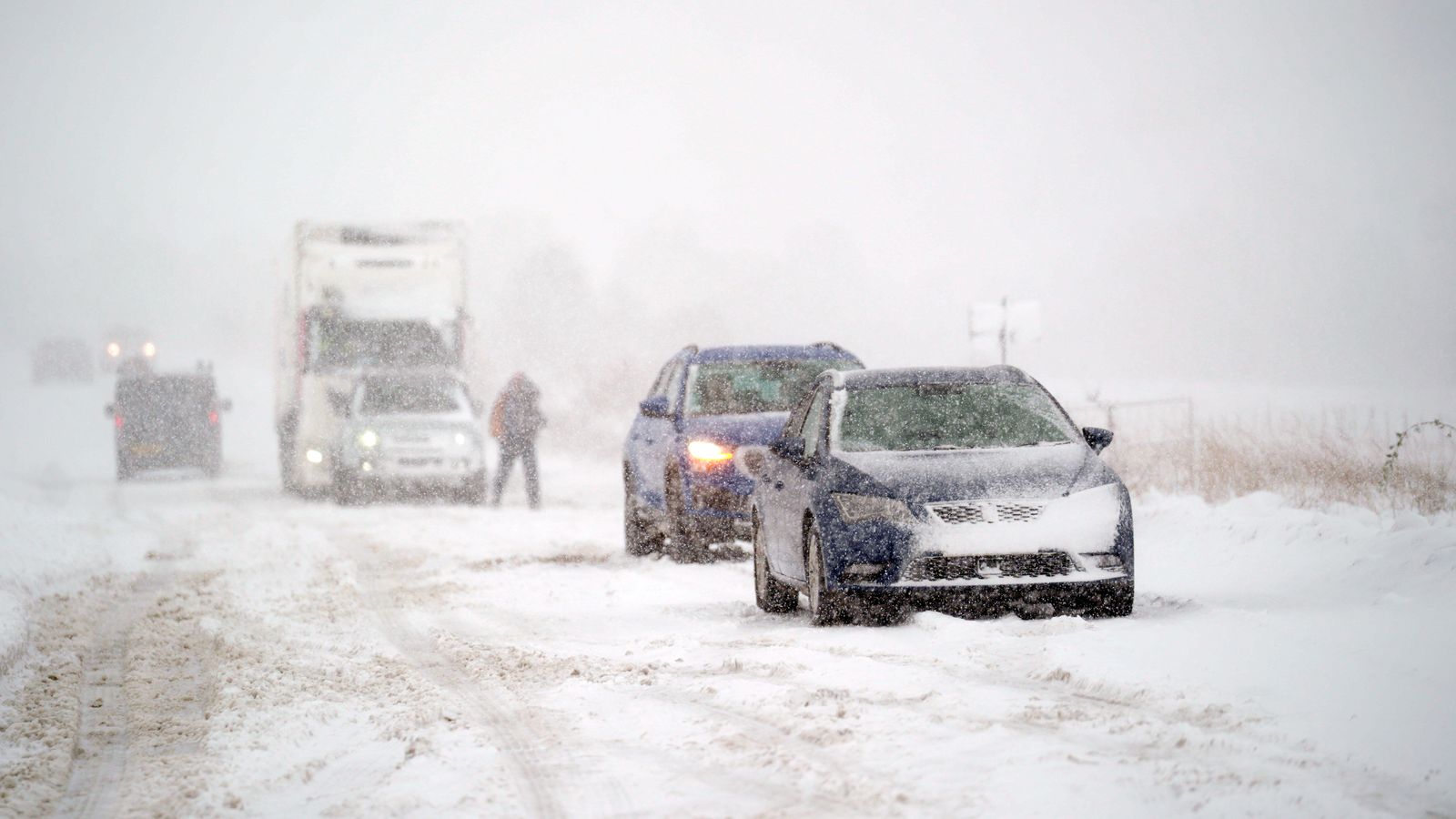 Stranded cars on the A169 in the North York Moors. Pic: PA