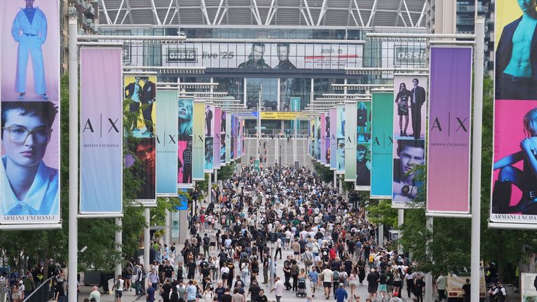 Oasis fans on Wembley Way, ahead of the first night of the Oasis Live '25 tour opening at Wembley Stadium in London. Pic: PA
