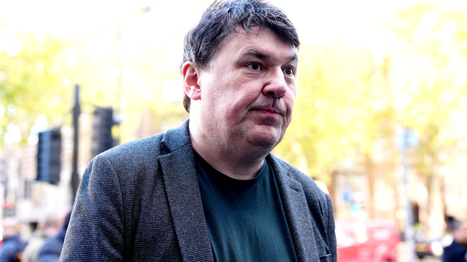 Father Ted co-creator Graham Linehan outisde Westminster Magistrates' Court this morning. Pic: PA