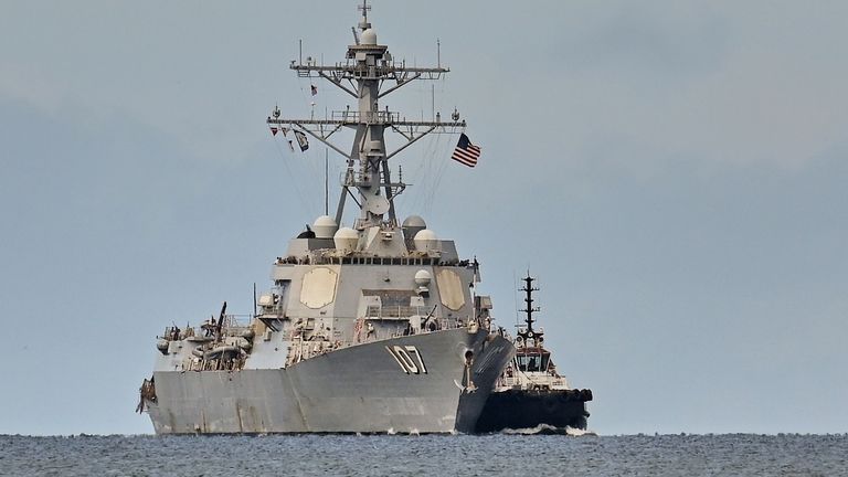 The USS Gravely destroyer arrives to dock for military exercises in Port-of-Spain, Trinidad and Tobago on 26 October (AP Photo/Robert Taylor)