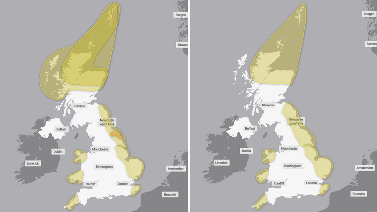 Weather warnings in the UK for snow and ice across various regions on Thursday (left) and ice on Friday (right). Pic: Met Office