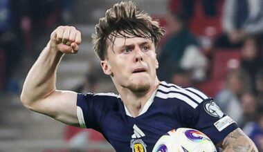 PIRAEUS, GREECE - NOVEMBER 15: Scotland's ben Gannon-Doak celebrates as he scores to make it 3-2 during a 2026 FIFA World Cup Qualifying match between Greece and Scotland at Georgios Karaiskakis Football Stadium, on November 15, 2025, in Piraeus, Greece. (Photo by Craig Williamson / SNS Group)