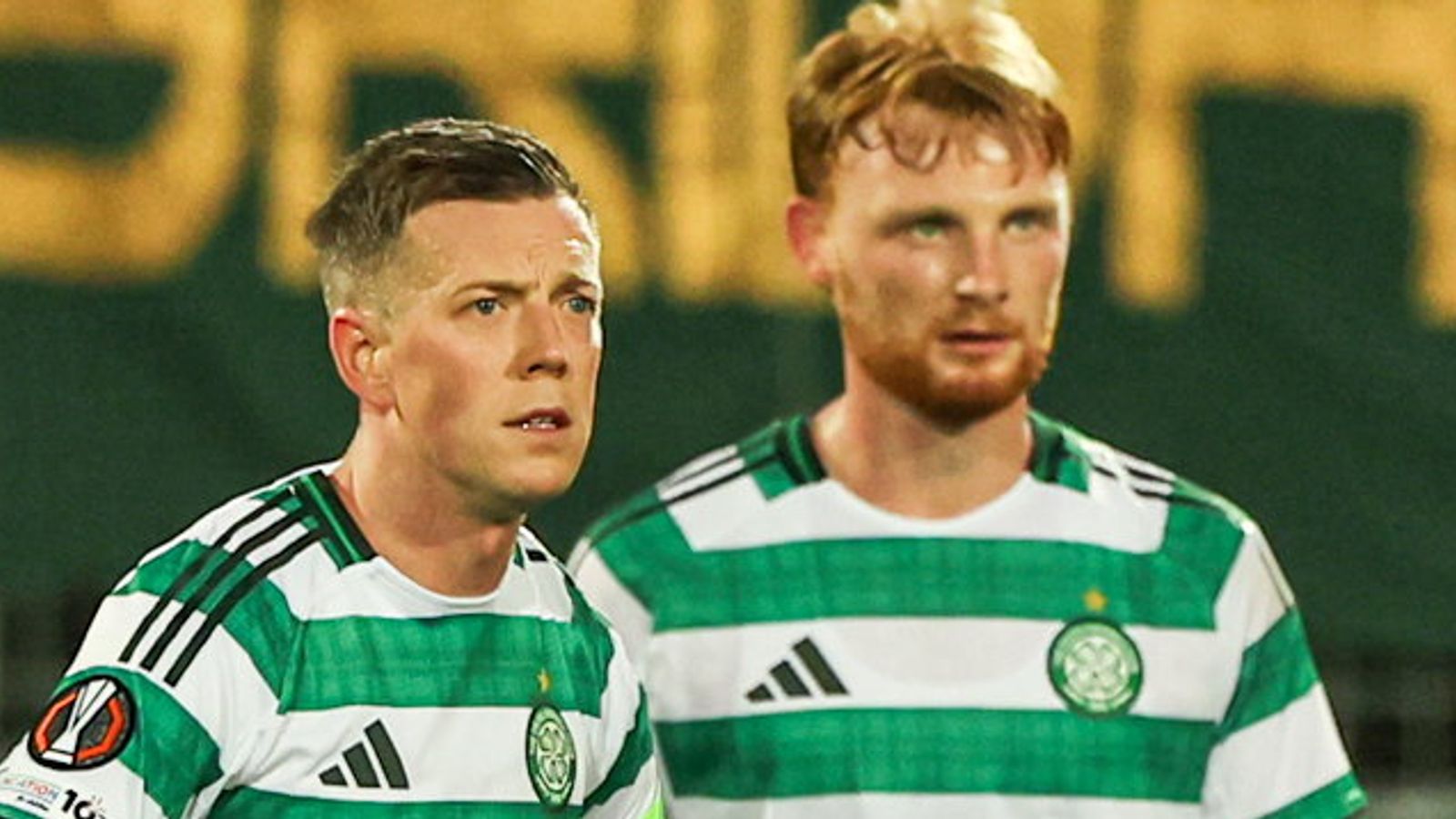 Celtic's Callum McGregor and Liam Scales (R) look dejected during the UEFA Europa League match at FC Midtjylland