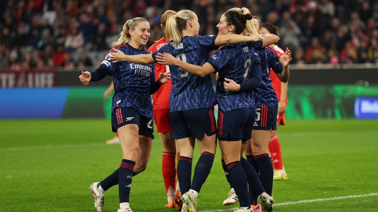 Emily Fox celebrates with her team-mates after giving Arsenal an early lead at Bayern Munich