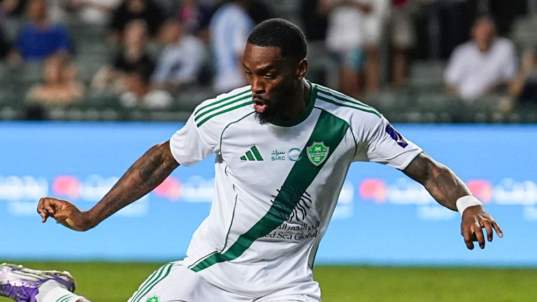 Al Ahli Saudi's Ivan Toney takes a shot during the Saudi Super Cup semi finals soccer match between Al Ahli and Al Qadisiyah