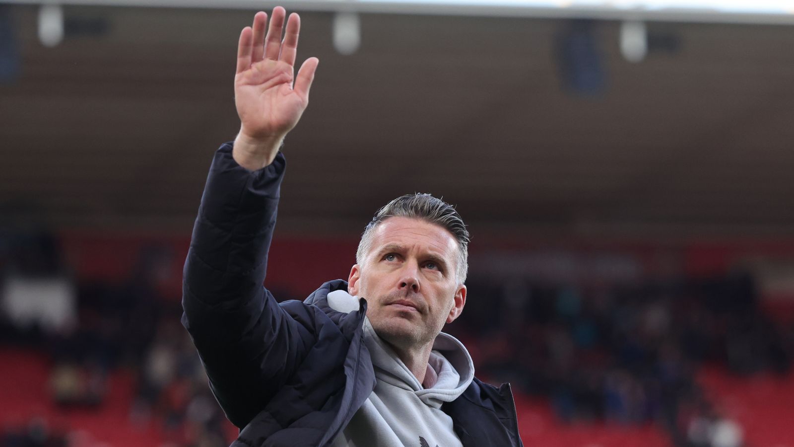 Rob Edwards waves to Middlesbrough fans at The Riverside