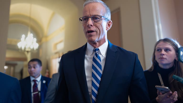 Speaking to reporters, Senate Majority Leader John Thune responds to Senate Democratic Leader Chuck Schumer to reopen the government if Republicans extend expiring health care subsidies for one year, at the Capitol in Washington.