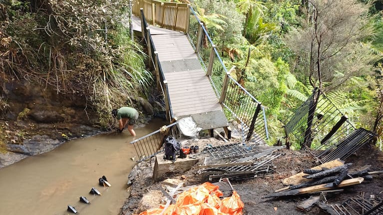 The bridge that crossed the falls was damaged by the fire. 