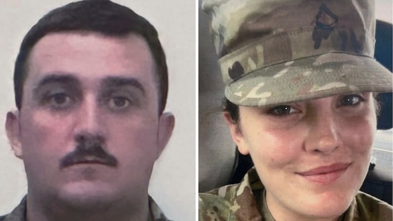 This photo combo shows, National Guard members, from left, Staff Sgt. Andrew Wolfe and Specialist Sarah Beckstrom.