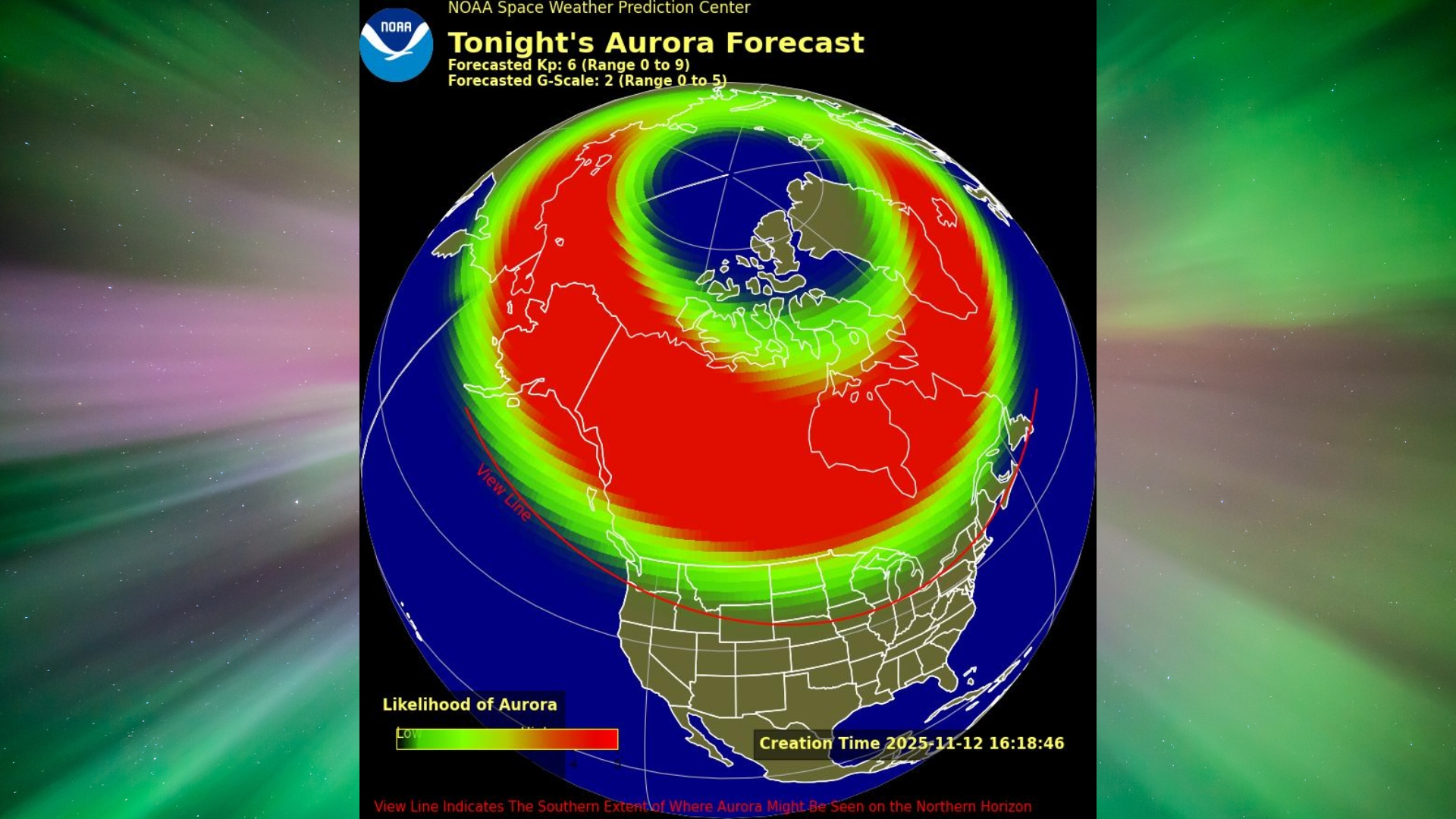 map showing where the northern lights might be visible over the US tonight