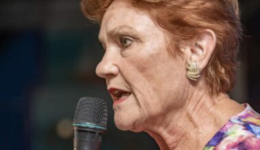 One Nation leader Pauline Hanson speaks into a microphone.