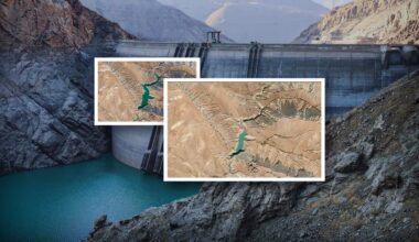 A dam reservoir with two satellite images showing shrinking water levels.