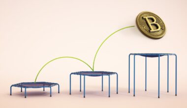 Coin with Bitcoin logo bouncing higher on trampolines.