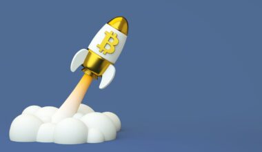 A toy spaceship with the Bitcoin logo launching.