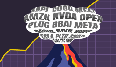 Volcano with cloud filled with tickers, in front of a graph.