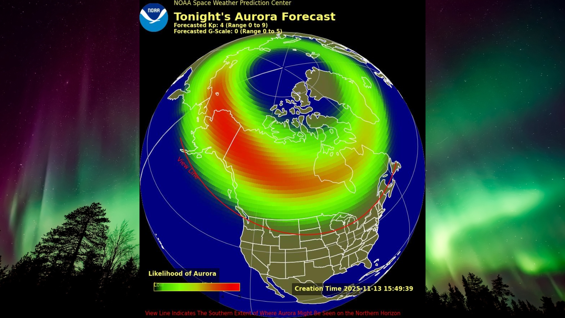 graphic showing the aurora viewline map for tonight from noaa's space weather prediction center. it shows which states are more likely for auroras.