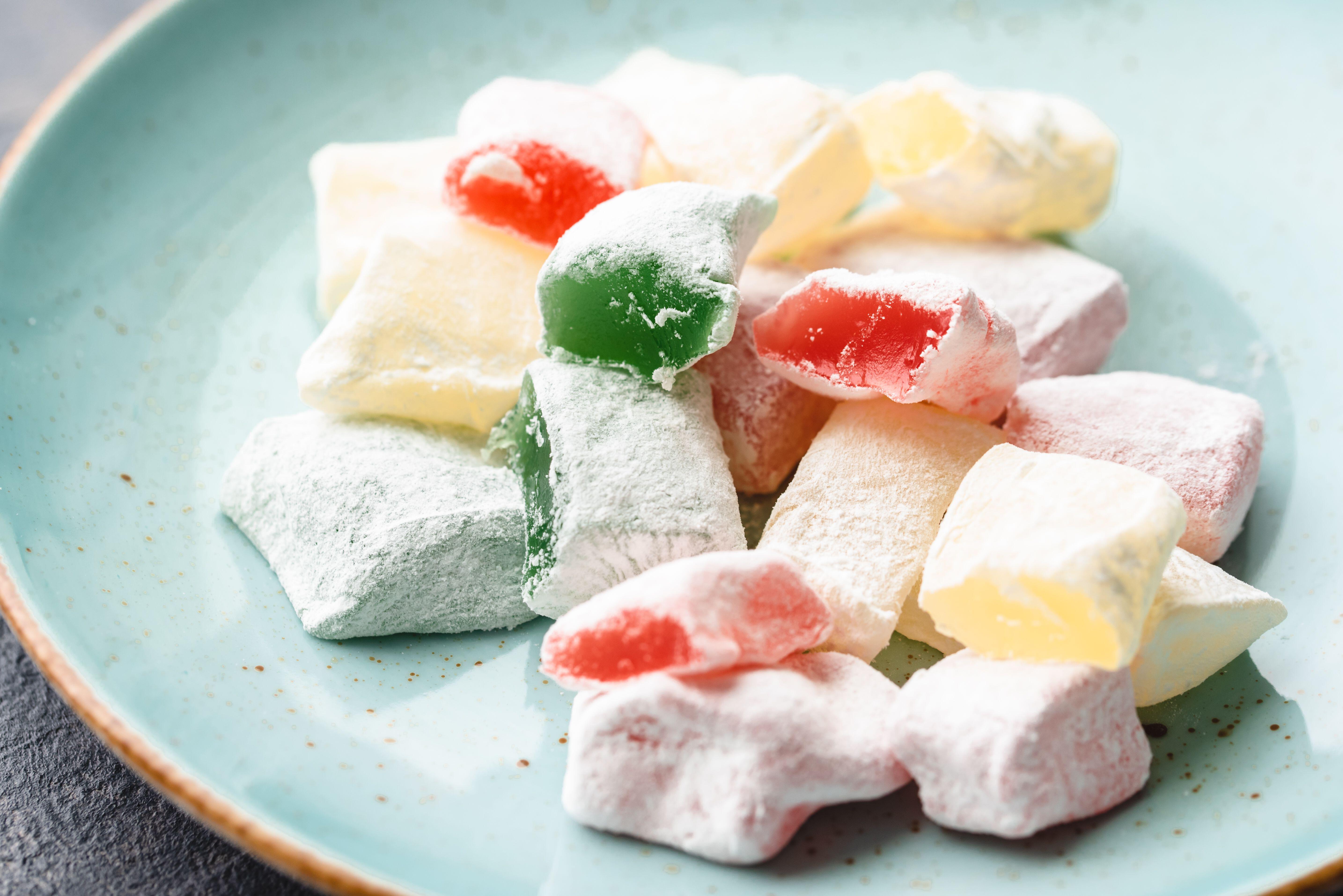 Loukoumi - sweet Greek jelly cubes with rose, lemon and bergamot flavors.