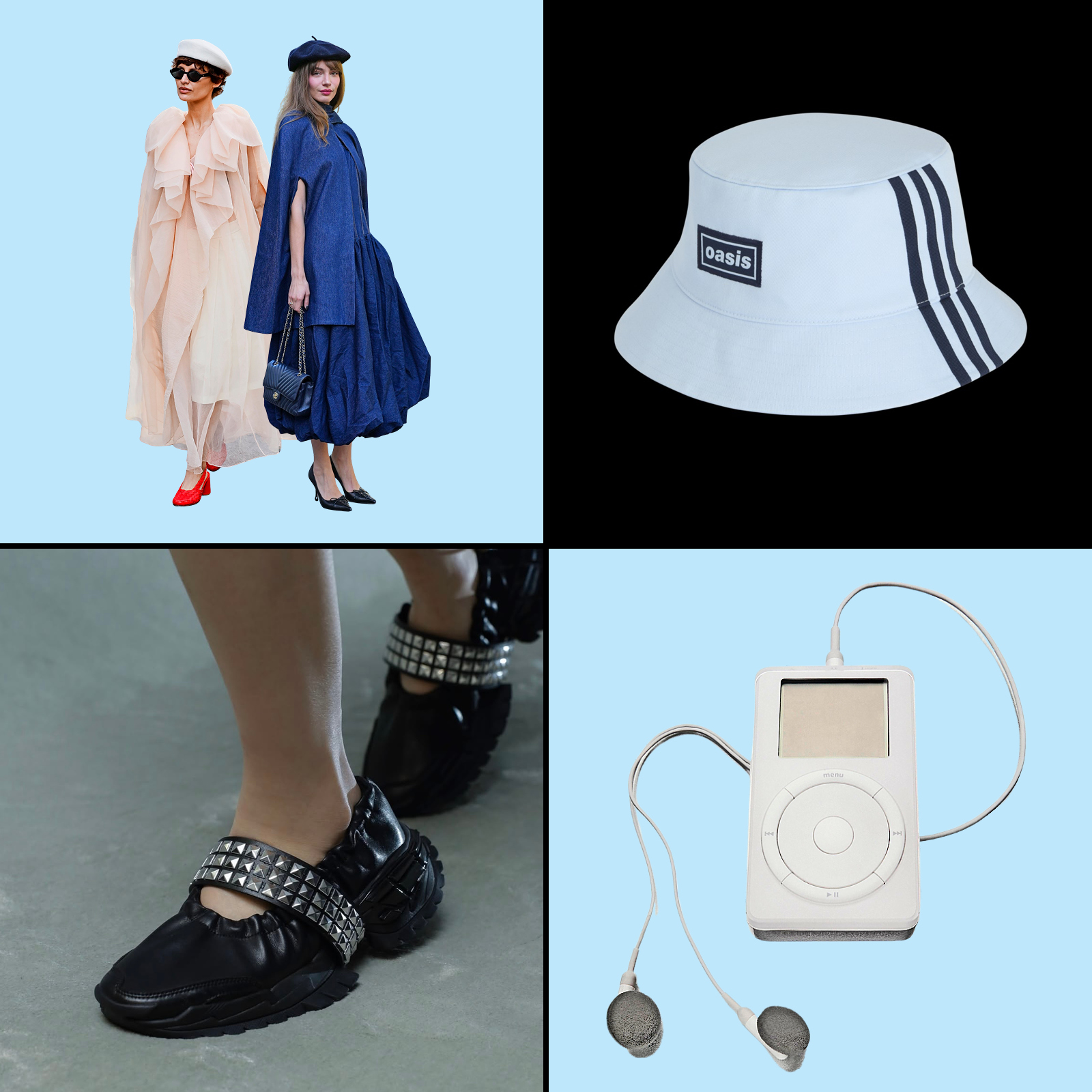 Collage of two women in fashion, an Oasis bucket hat, studded black shoes, and an iPod with earbuds.