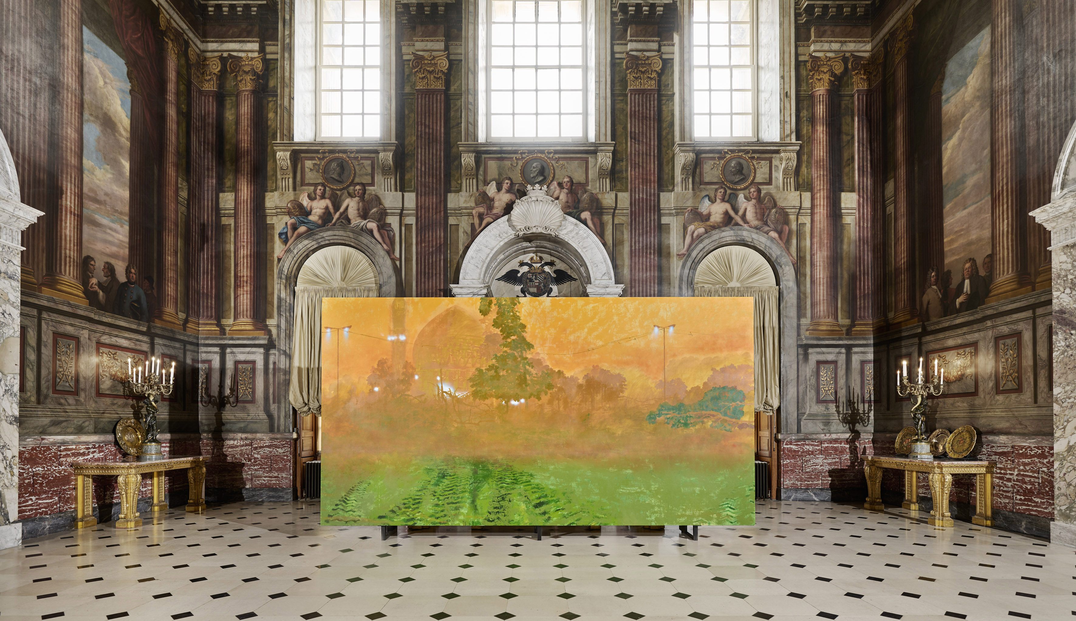Painting titled "After the Storm" by Mohammed Sami displayed in a grand hall with classical murals.