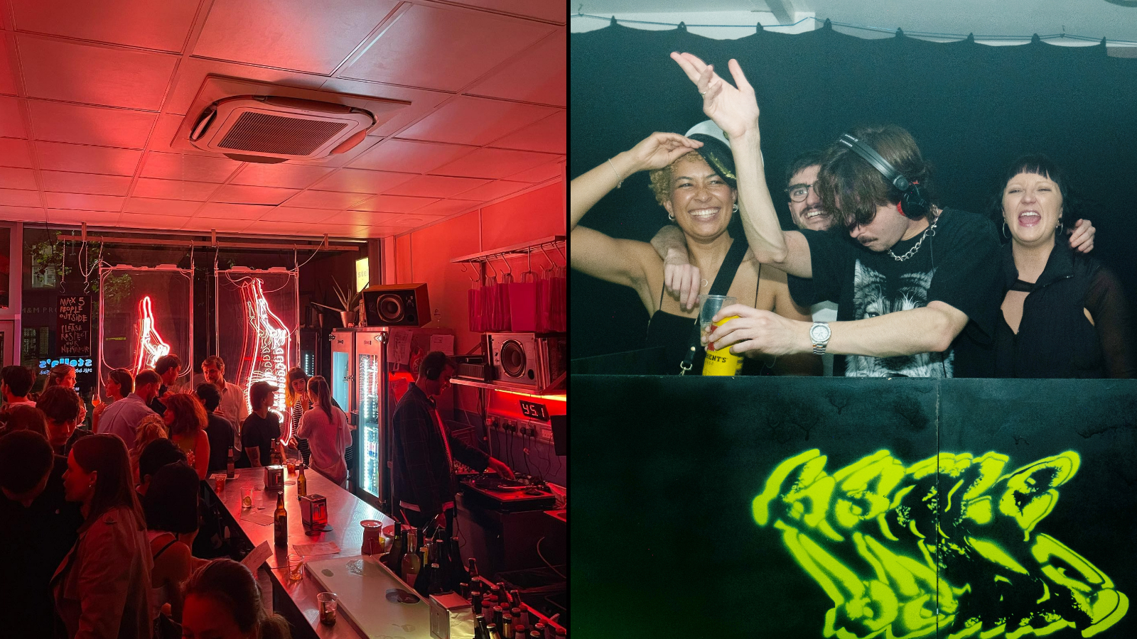 Collage of people at a bar and a group dancing with a DJ.