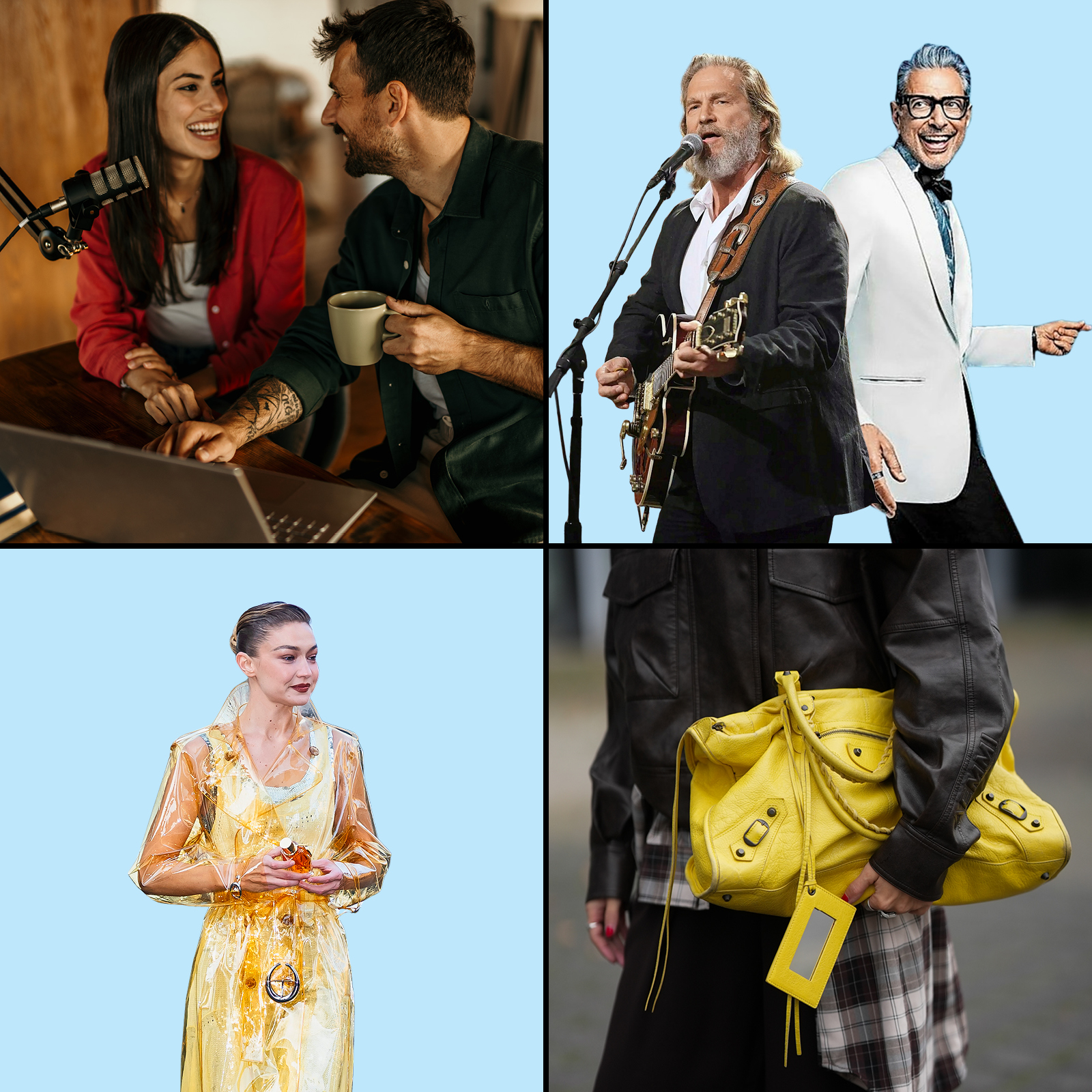 Collage of a couple podcasting, Jeff Bridges and Jeff Goldblum, Gigi Hadid in a clear coat, and a person holding a yellow Balenciaga bag.