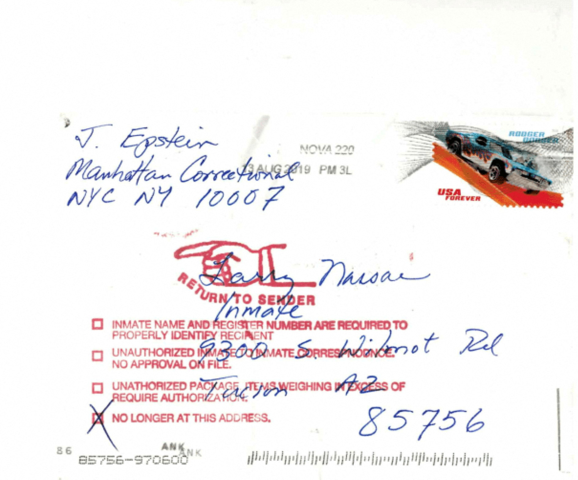An envelope addressed from "J. Epstein, Manhattan Correctional, NYC NY 10007" to "Larry Nassar" with a "RETURN TO SENDER" stamp.