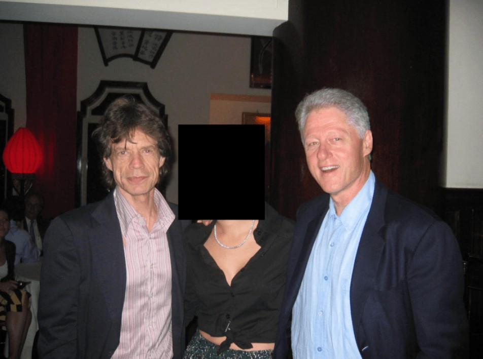 Mick Jagger, an unidentified girl with her face obscured, and Bill Clinton.