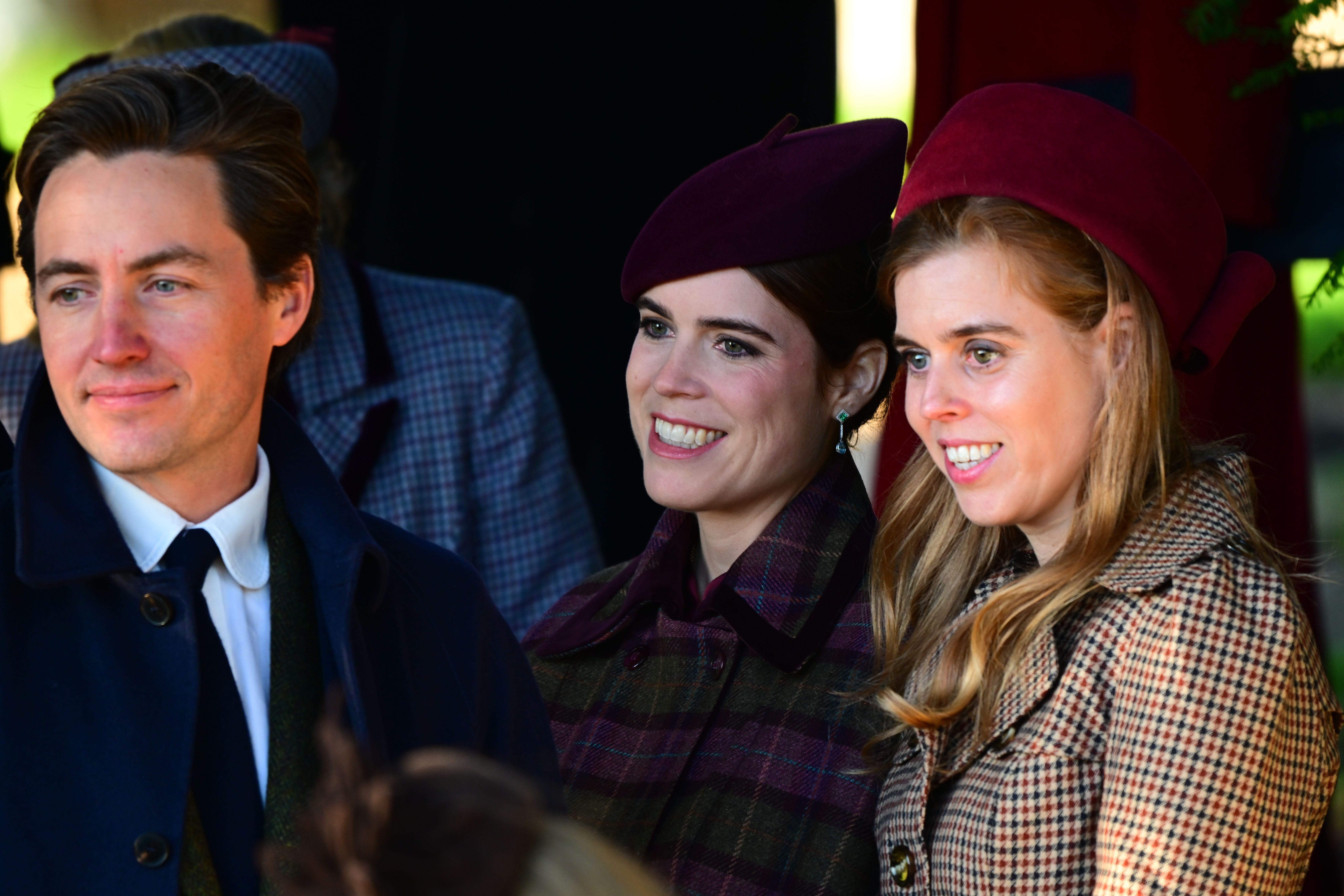 Edoardo Mapelli Mozzi, Princess Eugenie, and Princess Beatrice at the Christmas Day Church Service in Sandringham.