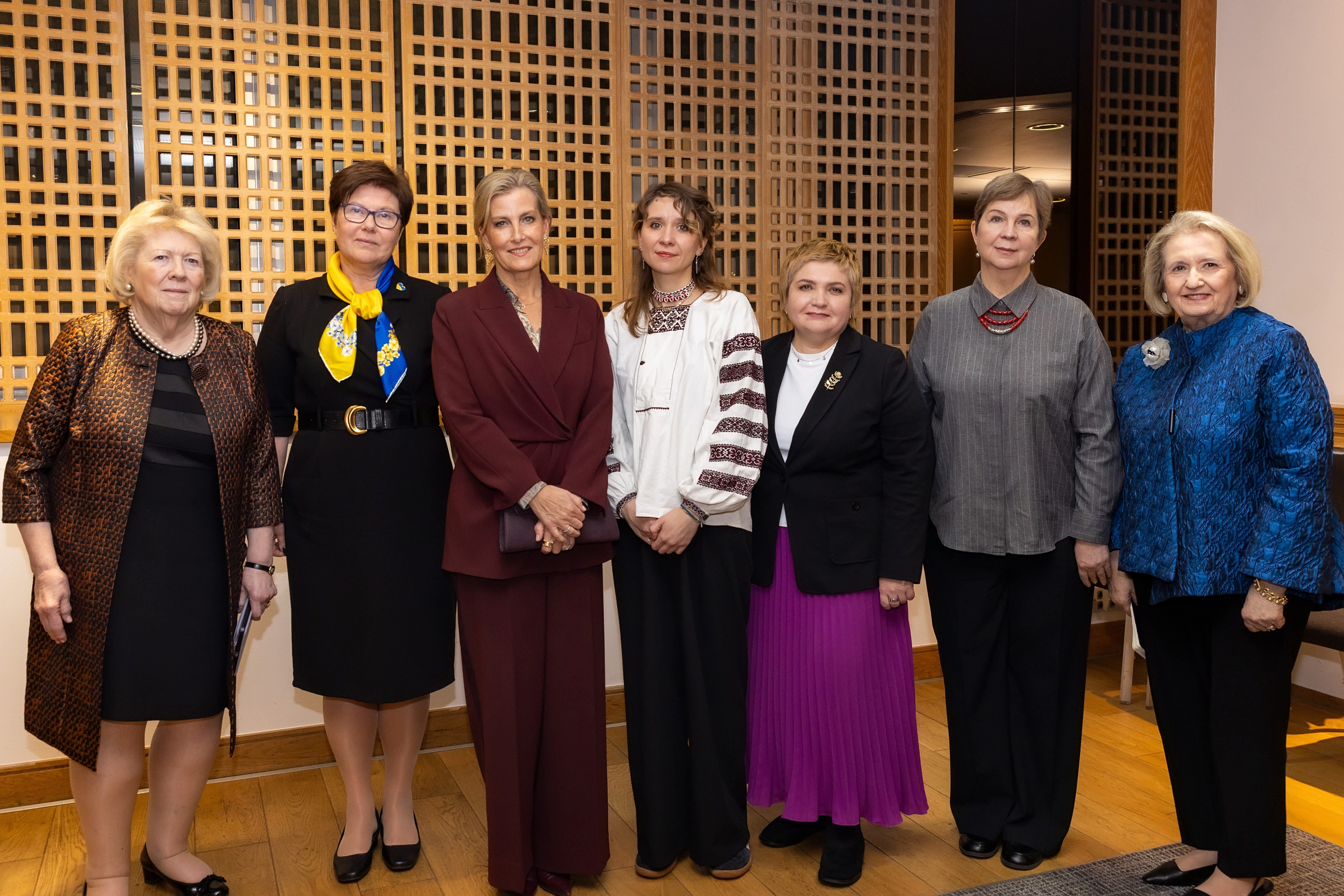 Baroness Mary Goudie, Dr Kateryna Levchenko, Sophie, Duchess of Edinburgh, Alisa Kovalenko, Natalia Karbowska, Iryna D, and Melanne Verveer standing in a line at an event.