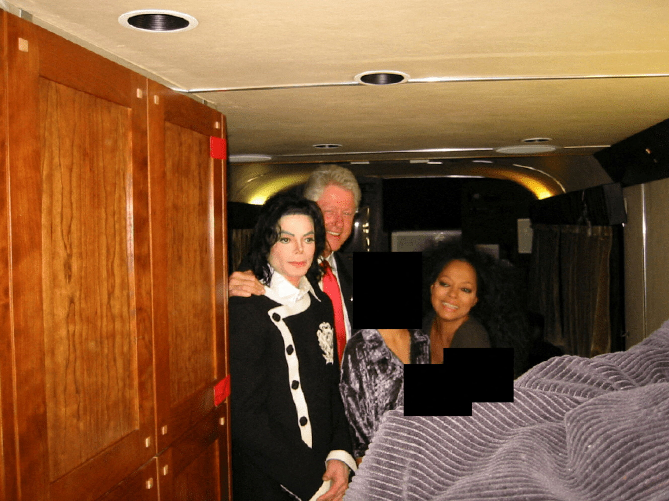 Former U.S. President Bill Clinton, Michael Jackson, and Diana Ross are seen in this image with redacted areas.