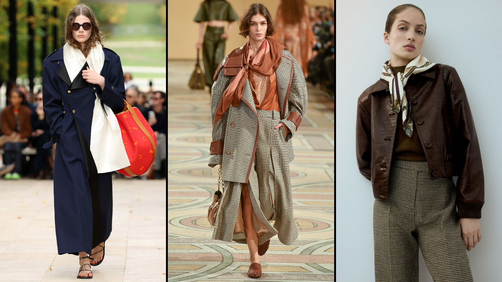 Collage of three models in coats, scarves, and bags.