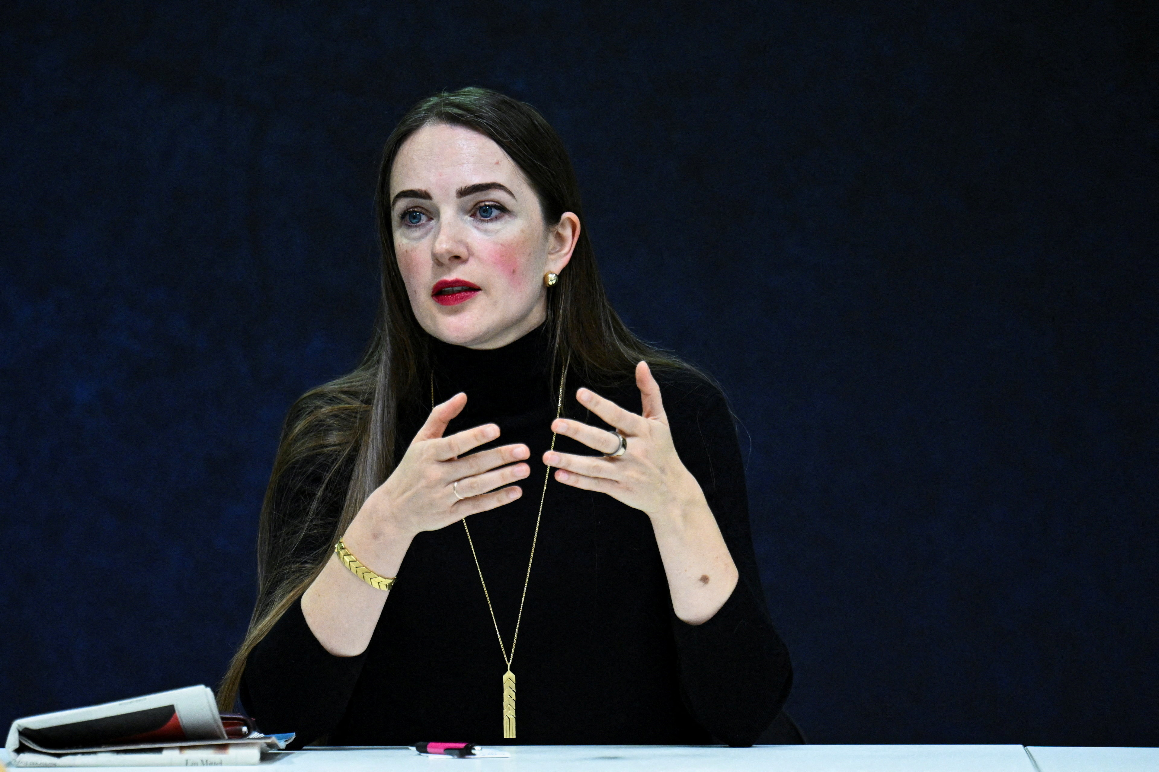 Oleksandra Matviichuk, Ukrainian human rights activist and Nobel Peace Prize laureate, speaking to media.