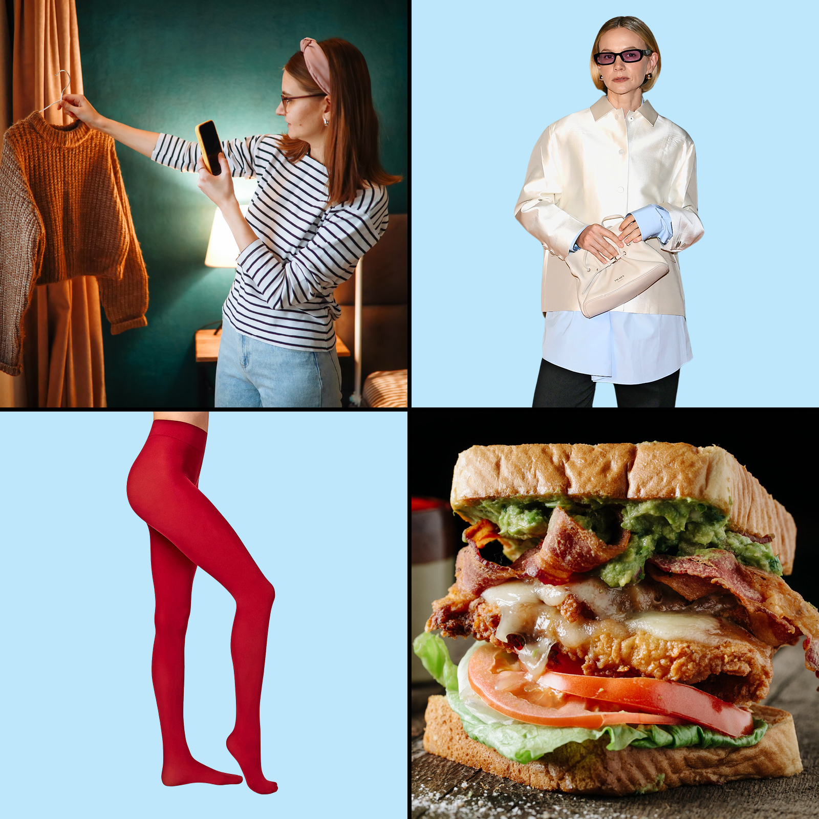 Collage of a woman taking a photo of a sweater, a woman in a white jacket and purple sunglasses, red tights, and a sandwich.