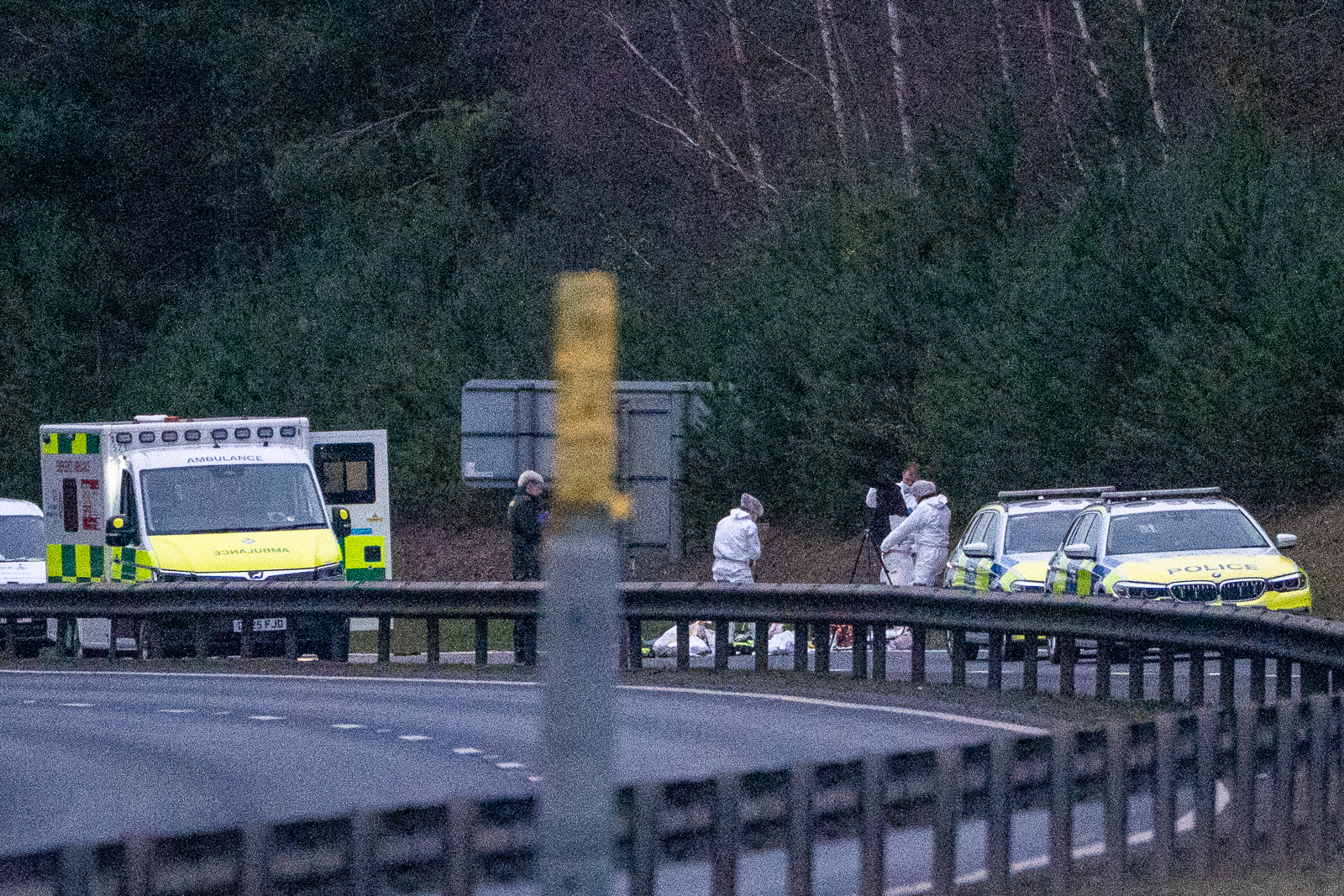 Police and forensic officers investigating a scene on the A11 road near Thetford, Norfolk, following a shooting.