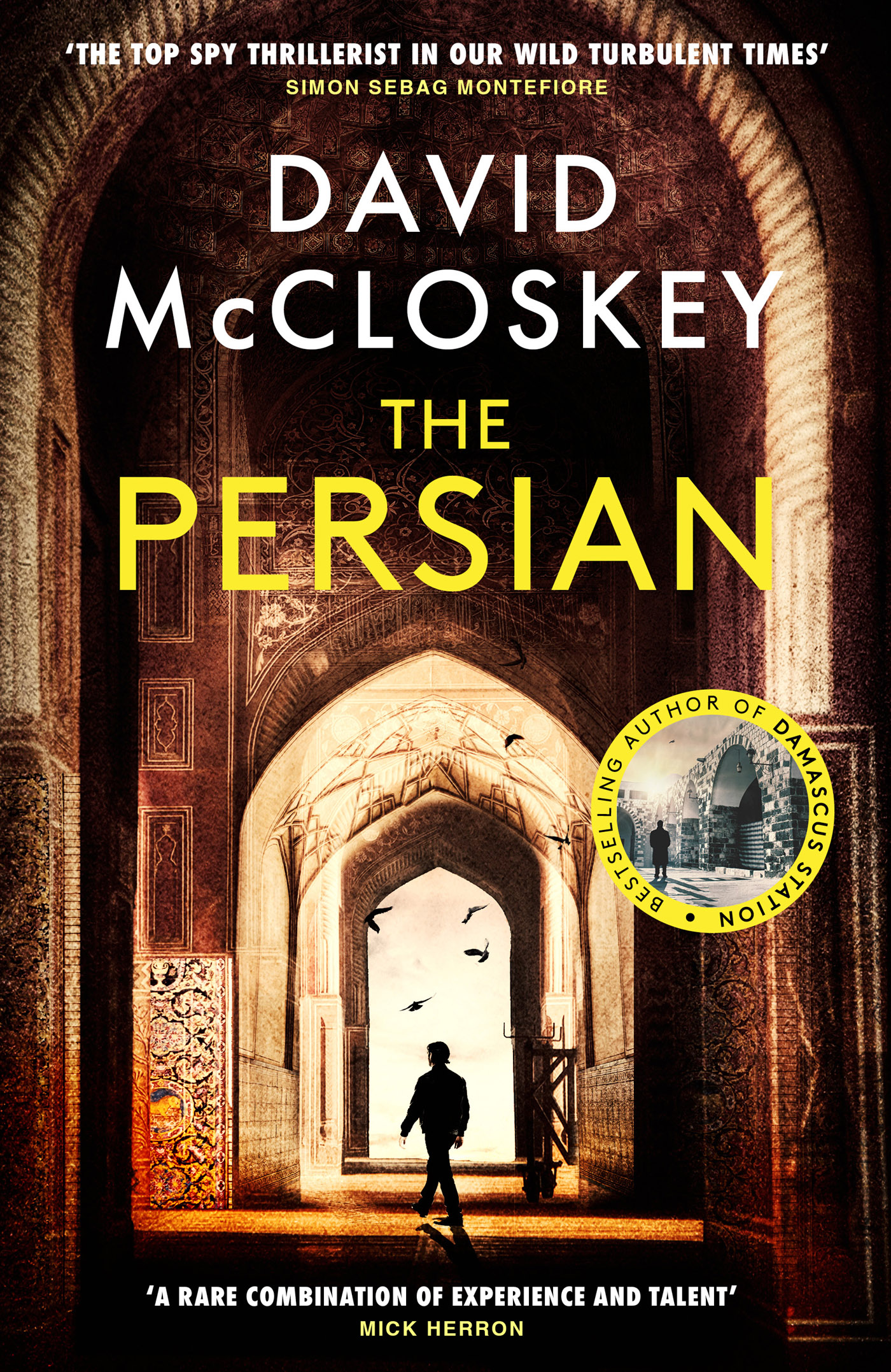 The book cover for "The Persian" by David McCloskey, featuring a man in silhouette walking through a series of arched doorways.