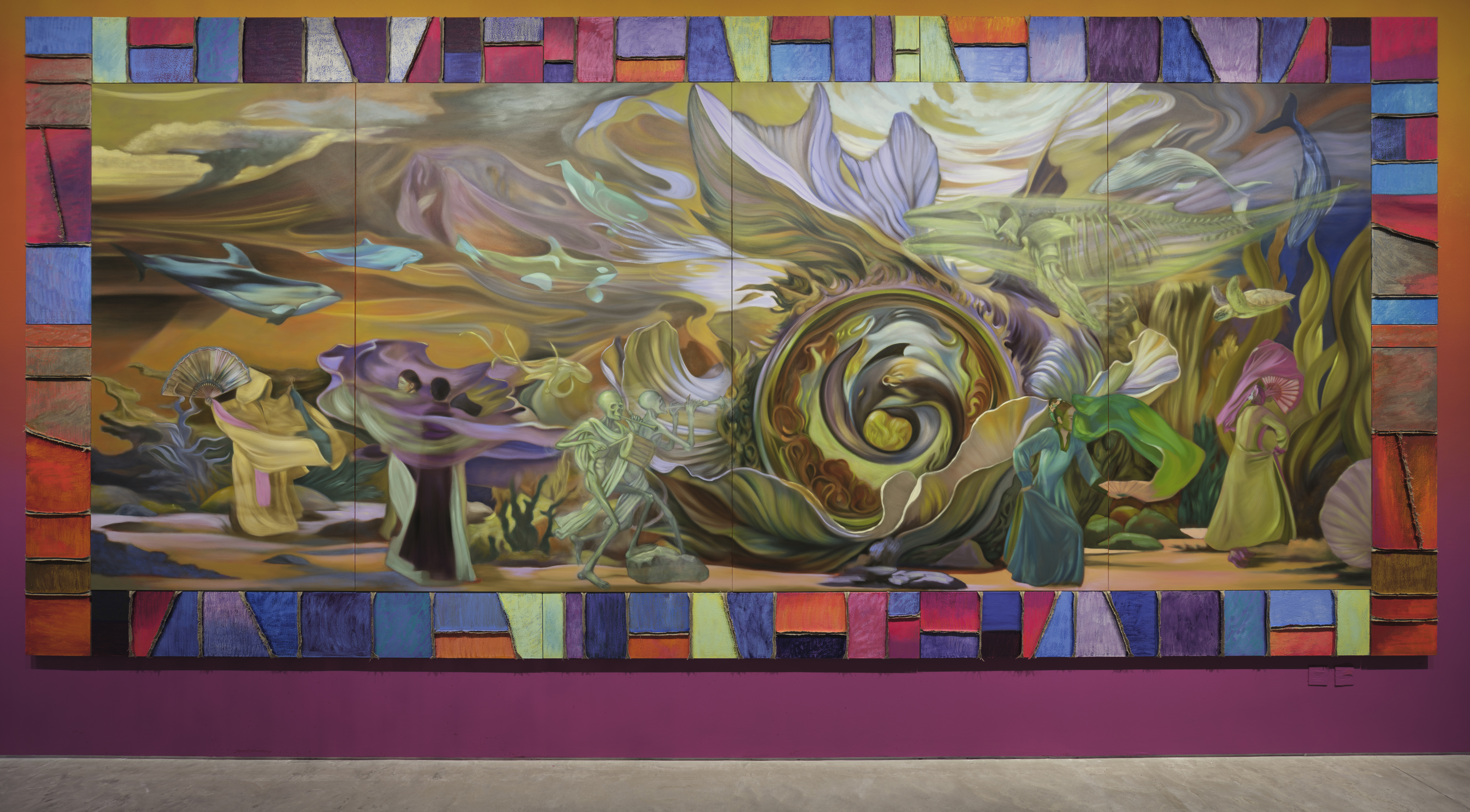 Installation view of Zadie Xa with Benito Mayor Vallejo's painting, "Moonlit Confessions Across Deep Sea Echoes: Your Ancestors Are Whales, and Earth Remembers Everything, 2025."