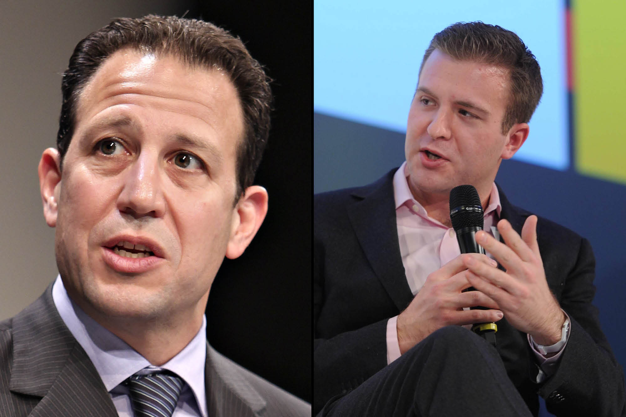 Collage of Adam Feldstein in a striped suit and Adam Osbourne in a dark suit.