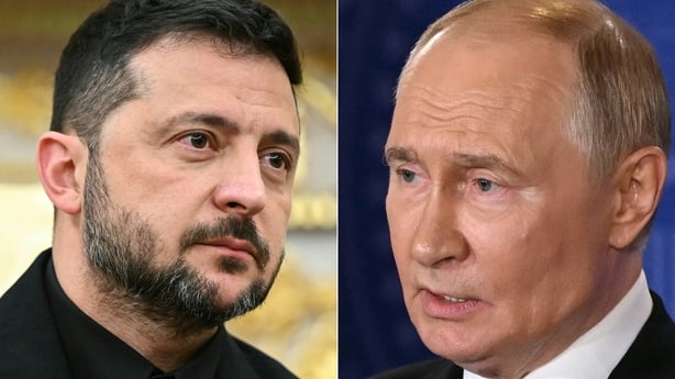 A composite image showing a close up on the faces of Volodymyr Zelensky and Vladimir Putin
