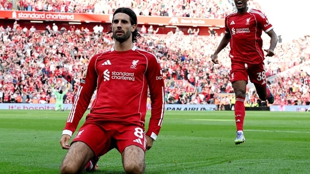 Liverpool midfielder Dominik Szoboszlai after scoring a free kick against Arsenal at Anfield.