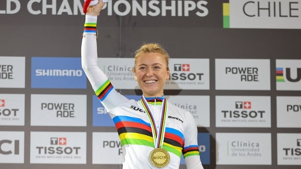 Ireland's Lara Gillespie poses with her golden medal after the awards ceremony for the women's elimination race final event of the 2025 UCI Track World Championships