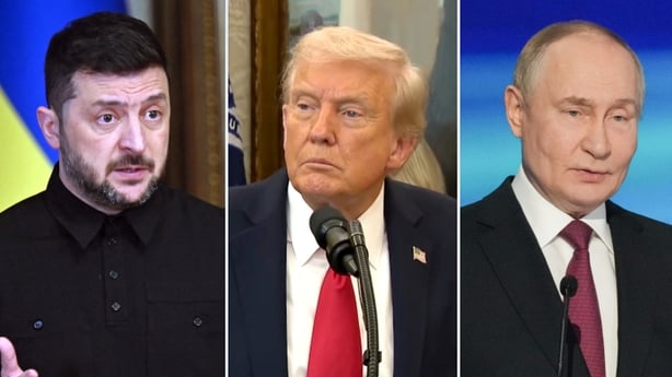 Head shots of Volodymyr Zelensky, Donald Trump and Vladimir Putin