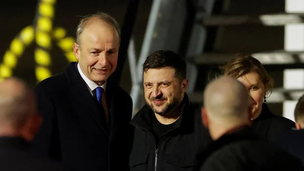 Taoiseach Micheal Martin greets Ukrainian President Volodymyr Zelensky at Dublin Airport.