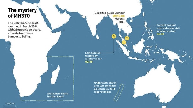 Map outlining the main locations relating to the 2014 disappearance of Malaysia Airlines flight MH370