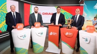 Brett Robinson, World Rugby Chair and former Australian international, James Slipper, Morgan Turinui and Phil Waugh pose at the broadcast desk during the Men's Rugby World Cup 2027 Draw at Channel Nine Studios on December 03, 2025 in Sydney, Australia.