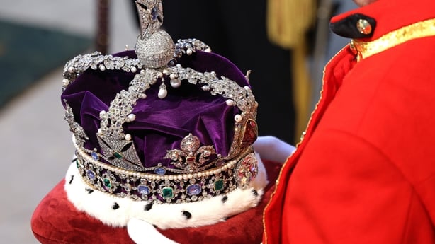LONDON, ENGLAND - JULY 17: The Imperial State Crown arrives at the Houses of Parliament, Victoria Tower – Sovereign's Entrance ahead of the State Opening of Parliament on July 17, 2024 in London, England. King Charles III delivers the King's Speech setting out the new Labour government's policies an