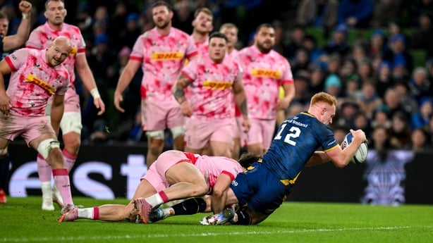 6 December 2025; Ciarán Frawley of Leinster scores his side's fourth try during the Investec Champions Cup match between Leinster and Harlequins at the Aviva Stadium in Dublin. Photo by Brendan Moran/Sportsfile