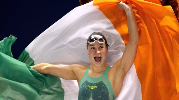 Ellen Walshe of Ireland celebrates after winning gold in the Women's 200m Butterfly final during day six of the European Short Course Swimming Championships at Lublin in Poland